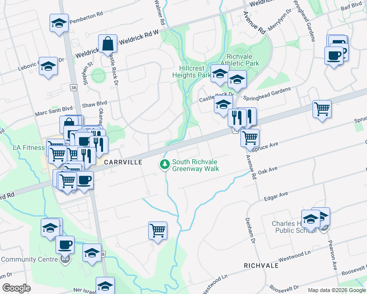 map of restaurants, bars, coffee shops, grocery stores, and more near 543 Carrville Road in Richmond Hill
