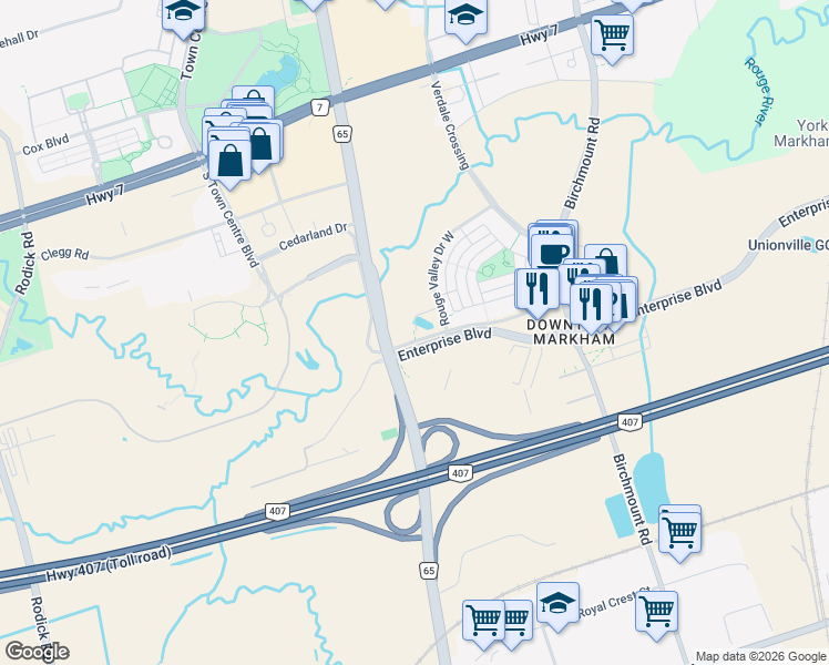 map of restaurants, bars, coffee shops, grocery stores, and more near 10 Rouge Valley Drive West in Markham