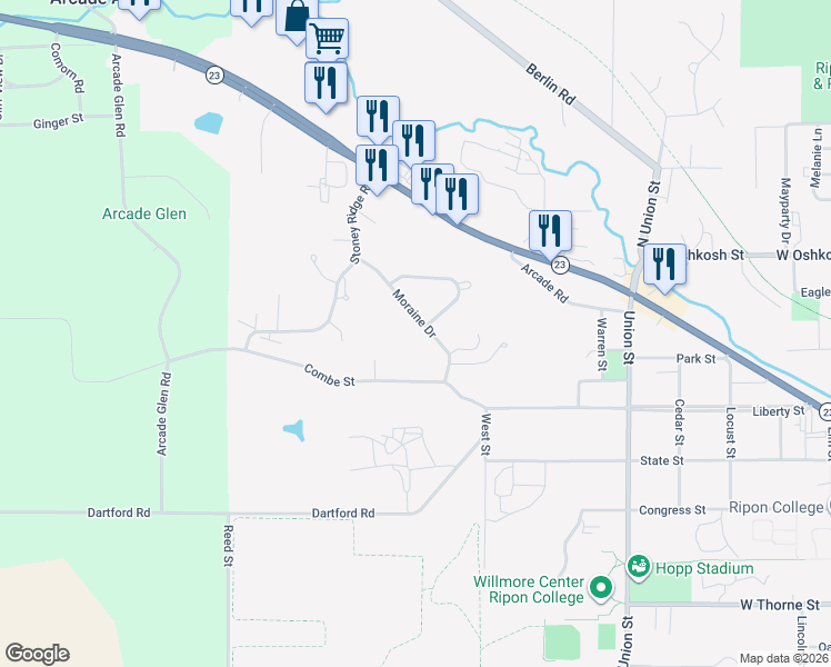 map of restaurants, bars, coffee shops, grocery stores, and more near 250 Moraine Drive in Ripon