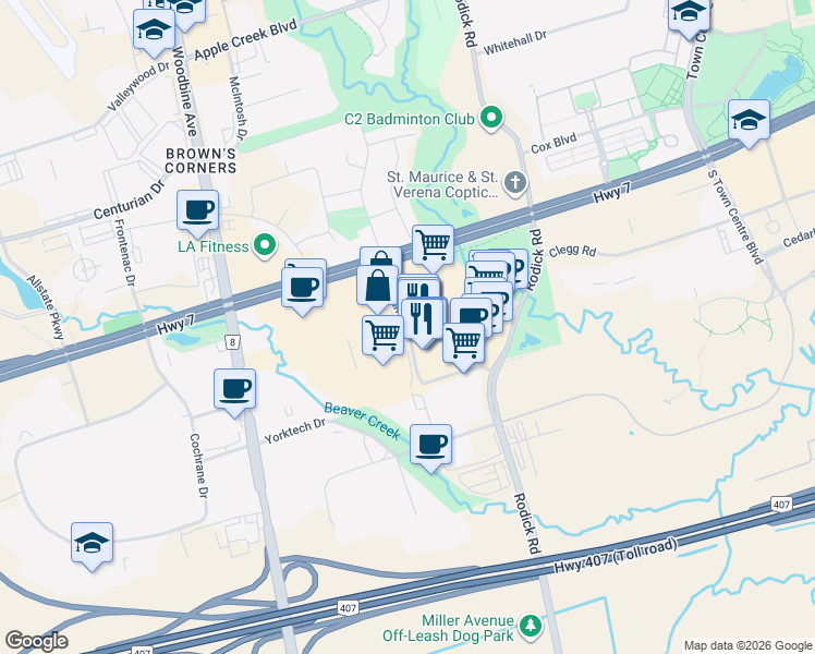 map of restaurants, bars, coffee shops, grocery stores, and more near Fairburn Drive in Markham
