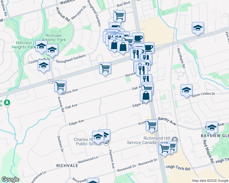 map of restaurants, bars, coffee shops, grocery stores, and more near 50 Oak Avenue in Richmond Hill