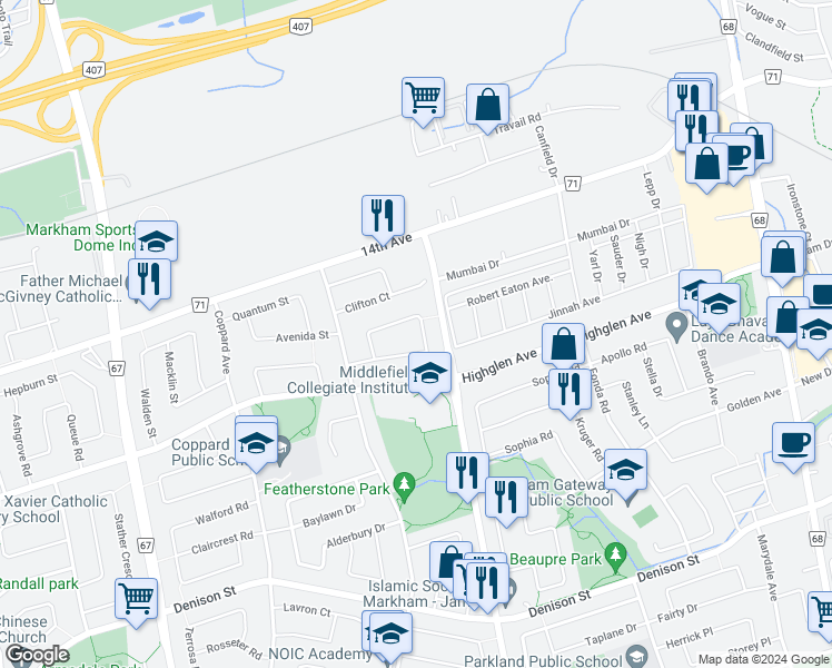 map of restaurants, bars, coffee shops, grocery stores, and more near 26 Summerlea Street in Markham