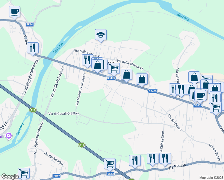 map of restaurants, bars, coffee shops, grocery stores, and more near 160 Via dei Pellegrini in Lucca