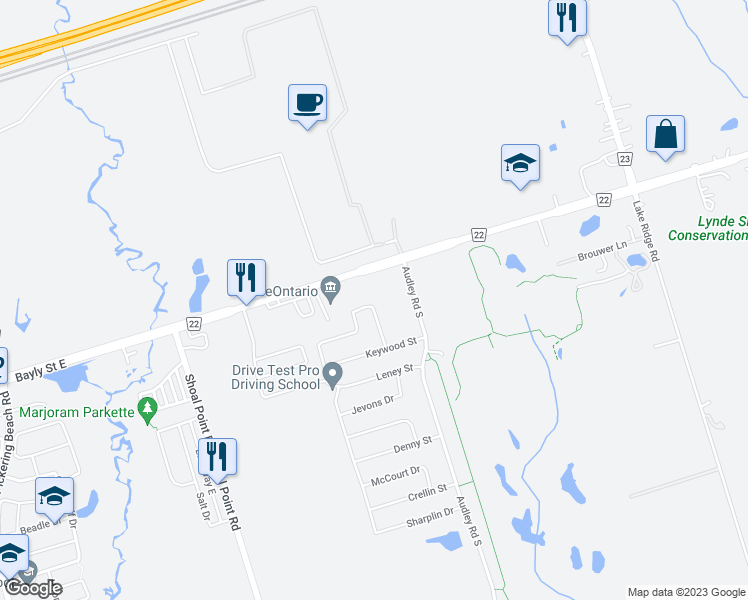 map of restaurants, bars, coffee shops, grocery stores, and more near 47 Whitefoot Crescent in Ajax