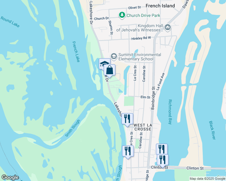 map of restaurants, bars, coffee shops, grocery stores, and more near 1644 Lakeshore Drive in La Crosse