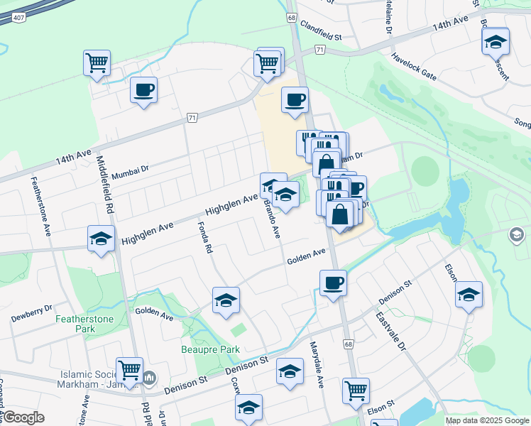 map of restaurants, bars, coffee shops, grocery stores, and more near 46 Brando Avenue in Markham