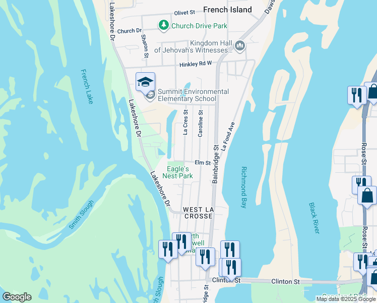 map of restaurants, bars, coffee shops, grocery stores, and more near 1713 Caroline Street in La Crosse