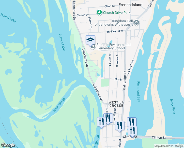map of restaurants, bars, coffee shops, grocery stores, and more near 1644 Lakeshore Drive in La Crosse