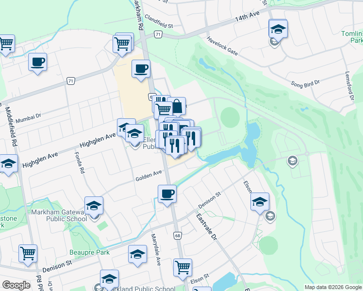 map of restaurants, bars, coffee shops, grocery stores, and more near 35 Karachi Drive in Markham