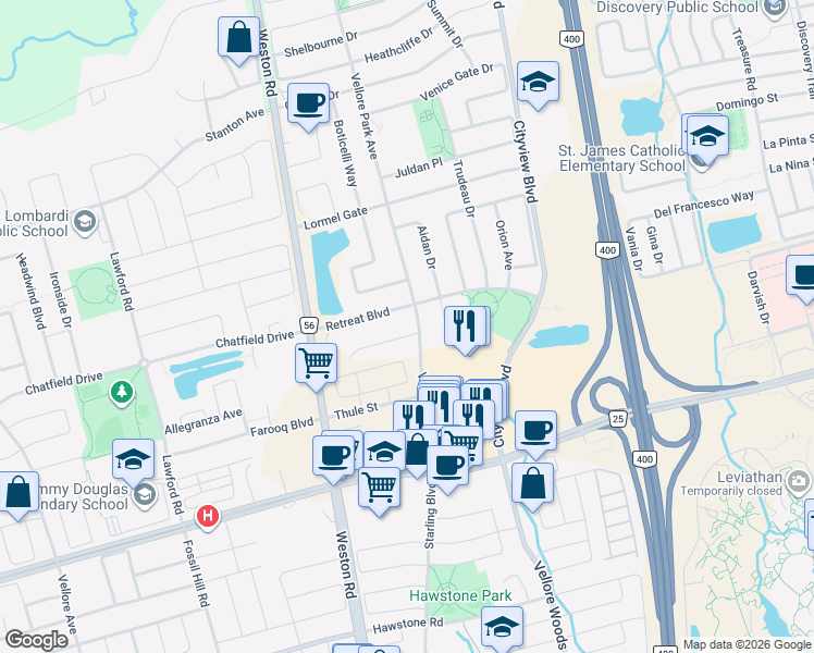 map of restaurants, bars, coffee shops, grocery stores, and more near 8 Zachary Place in Vaughan