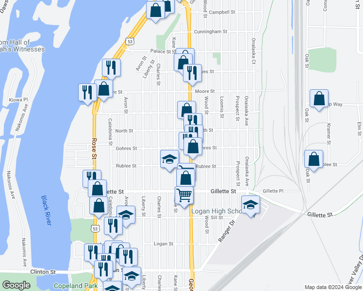 map of restaurants, bars, coffee shops, grocery stores, and more near 1111 Gohres Street in La Crosse