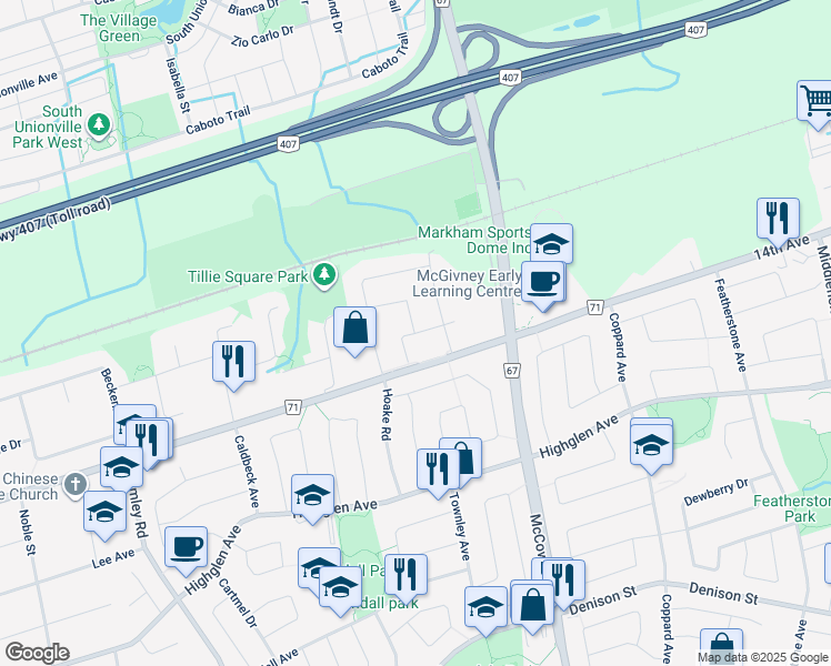 map of restaurants, bars, coffee shops, grocery stores, and more near 10 Ramsgate Court in Markham