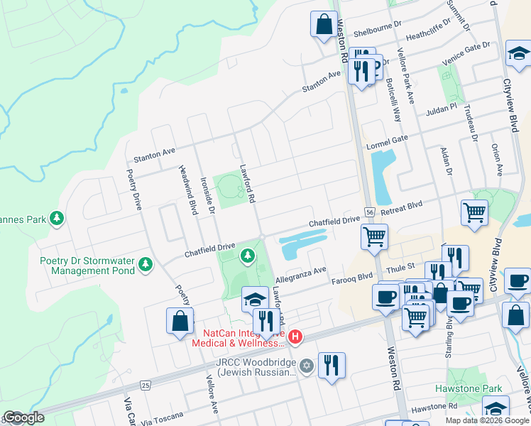 map of restaurants, bars, coffee shops, grocery stores, and more near 97 Gorman Avenue in Vaughan