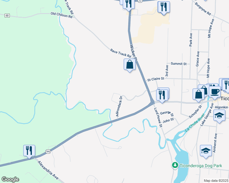 map of restaurants, bars, coffee shops, grocery stores, and more near 48 Adirondack Drive in Ticonderoga