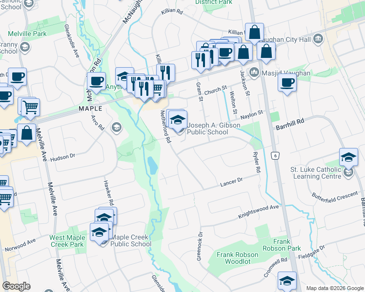 map of restaurants, bars, coffee shops, grocery stores, and more near 58 Goodman Crescent in Vaughan