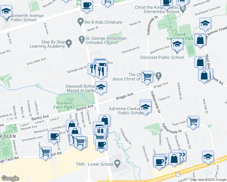 map of restaurants, bars, coffee shops, grocery stores, and more near 21 Genuine Lane in Richmond Hill