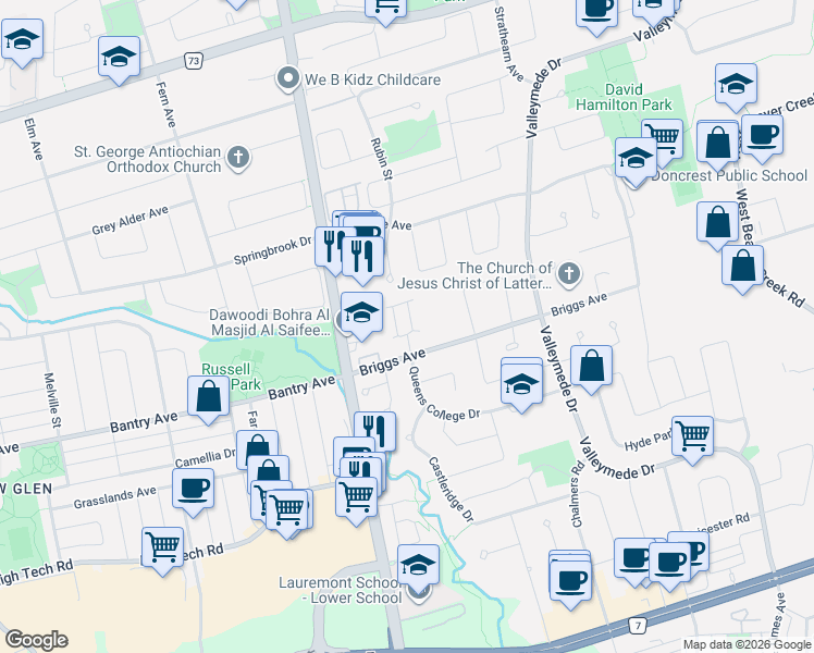 map of restaurants, bars, coffee shops, grocery stores, and more near 21 Genuine Lane in Richmond Hill