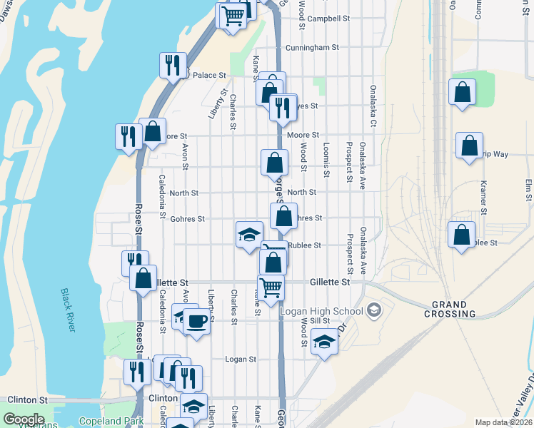 map of restaurants, bars, coffee shops, grocery stores, and more near 1111 Gohres Street in La Crosse