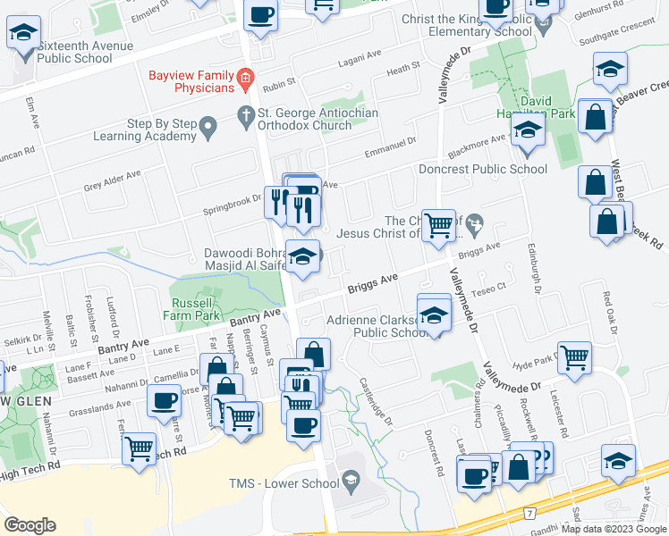map of restaurants, bars, coffee shops, grocery stores, and more near 99 Genuine Lane in Richmond Hill