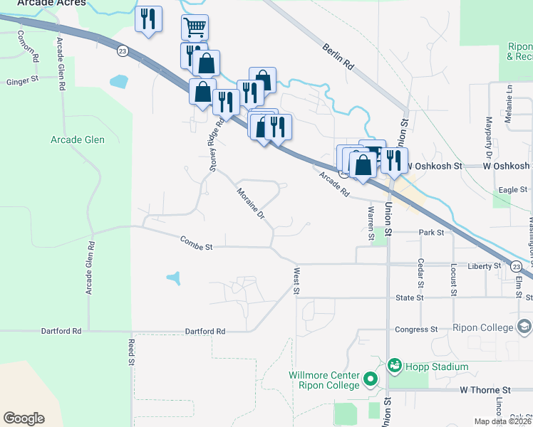 map of restaurants, bars, coffee shops, grocery stores, and more near 250 Moraine Drive in Ripon