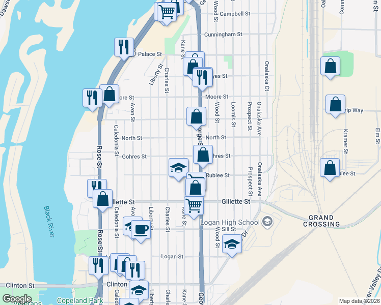 map of restaurants, bars, coffee shops, grocery stores, and more near 1111 Gohres Street in La Crosse