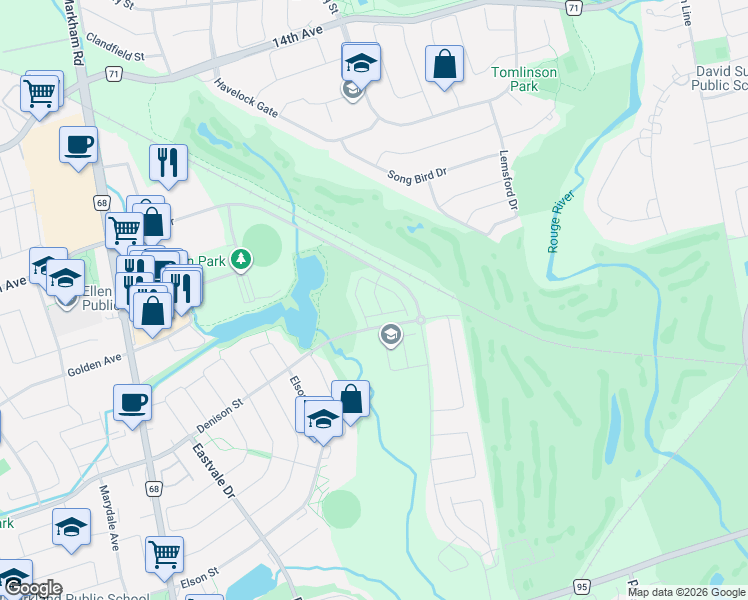 map of restaurants, bars, coffee shops, grocery stores, and more near 26 Thomas Hope Lane in Markham