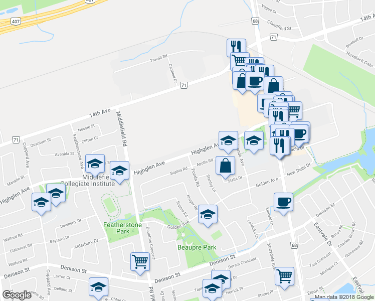 map of restaurants, bars, coffee shops, grocery stores, and more near 594 Highglen Avenue in Markham