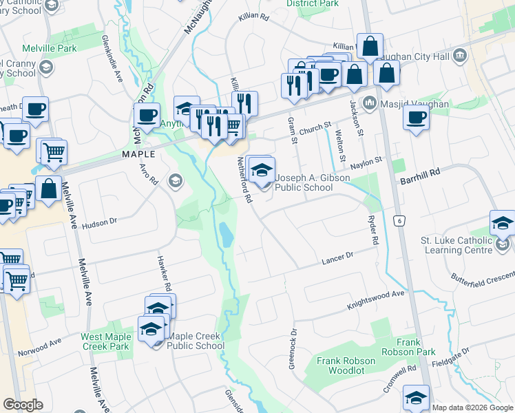map of restaurants, bars, coffee shops, grocery stores, and more near 58 Goodman Crescent in Vaughan