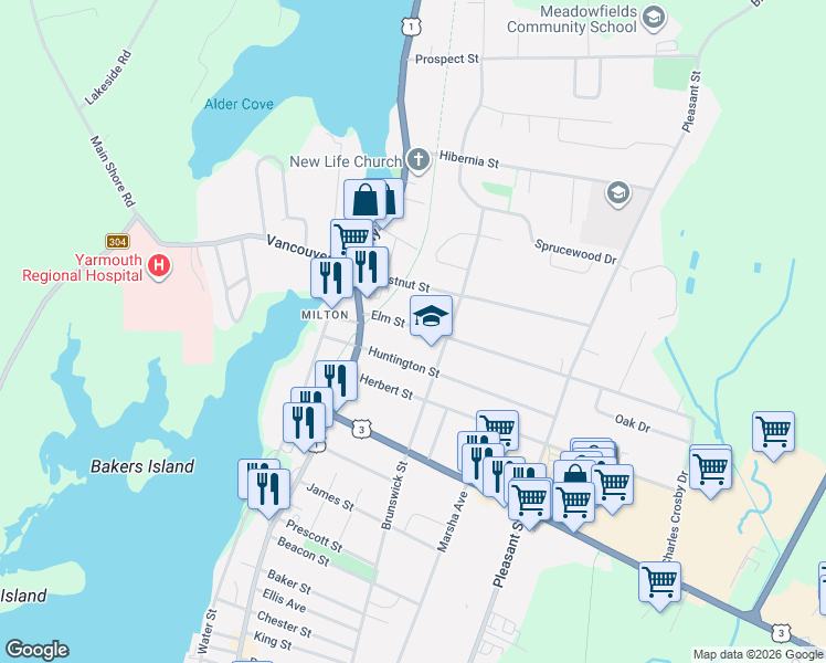 map of restaurants, bars, coffee shops, grocery stores, and more near 9 Elm Street in Yarmouth