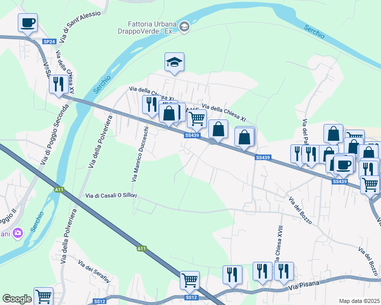 map of restaurants, bars, coffee shops, grocery stores, and more near 130 Via dei Pellegrini in Lucca