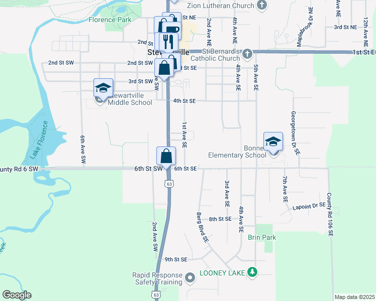map of restaurants, bars, coffee shops, grocery stores, and more near 518 1st Avenue Southeast in Stewartville