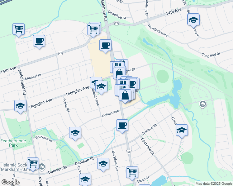 map of restaurants, bars, coffee shops, grocery stores, and more near 7428 Markham Road in Markham