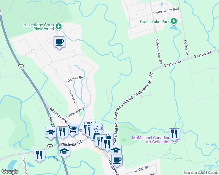 map of restaurants, bars, coffee shops, grocery stores, and more near 115 Valley Road in Vaughan