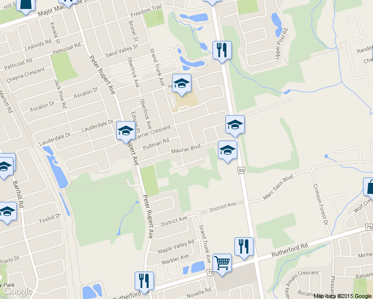 map of restaurants, bars, coffee shops, grocery stores, and more near Maurier Boulevard in Vaughan