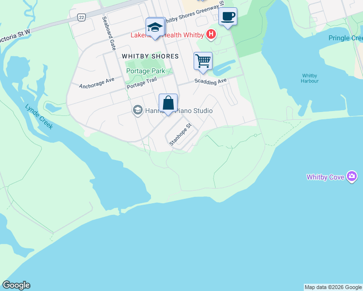 map of restaurants, bars, coffee shops, grocery stores, and more near 114 Harbourside Drive in Whitby
