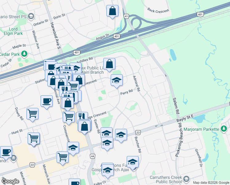 map of restaurants, bars, coffee shops, grocery stores, and more near in Ajax