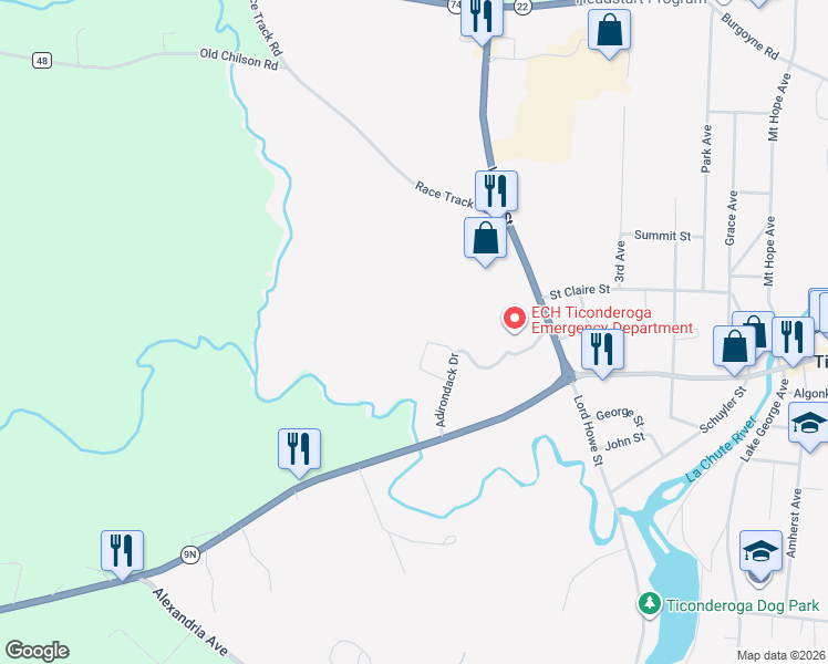 map of restaurants, bars, coffee shops, grocery stores, and more near 48 Adirondack Drive in Ticonderoga