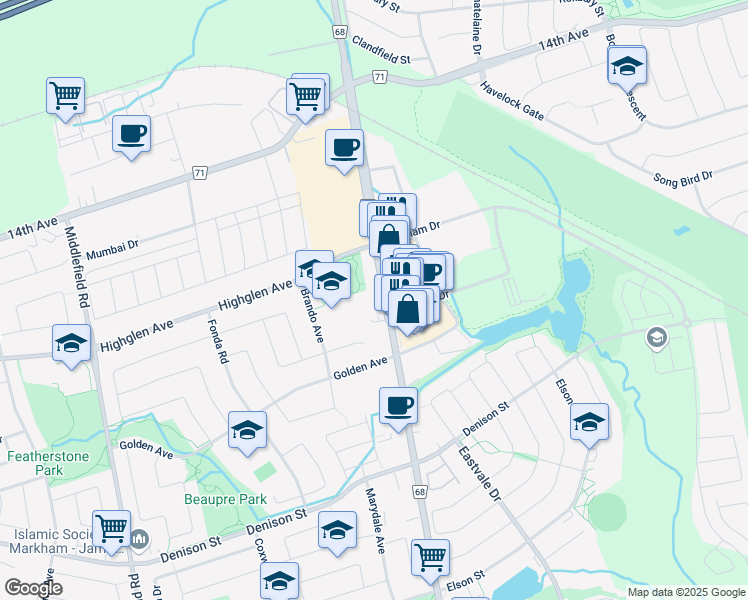 map of restaurants, bars, coffee shops, grocery stores, and more near in Markham