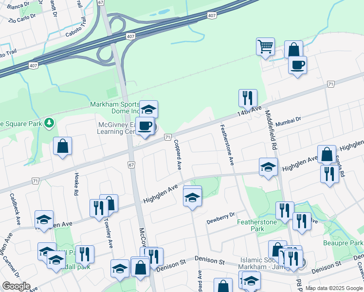 map of restaurants, bars, coffee shops, grocery stores, and more near in Markham