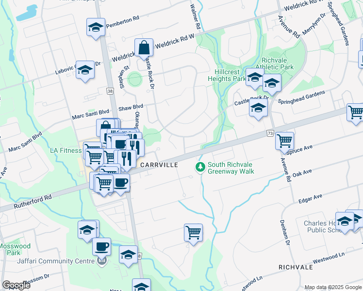 map of restaurants, bars, coffee shops, grocery stores, and more near 15 Ayr Road in Richmond Hill