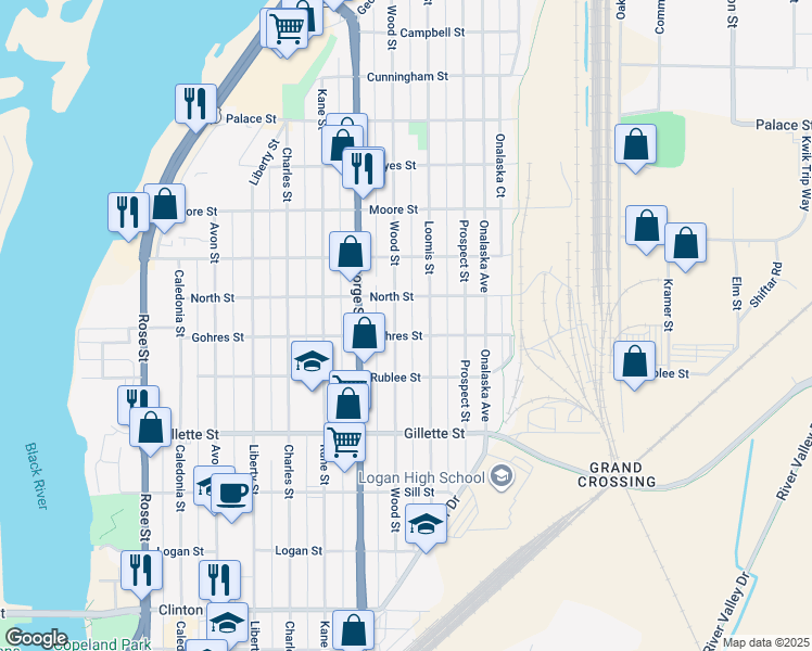map of restaurants, bars, coffee shops, grocery stores, and more near 1317 Gohres Street in La Crosse