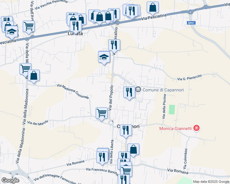 map of restaurants, bars, coffee shops, grocery stores, and more near 140 Via del Popolo in Capannori