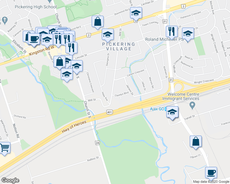 map of restaurants, bars, coffee shops, grocery stores, and more near 77 Mill Street in Ajax