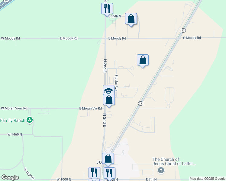 map of restaurants, bars, coffee shops, grocery stores, and more near 1133 Stocks Avenue in Rexburg