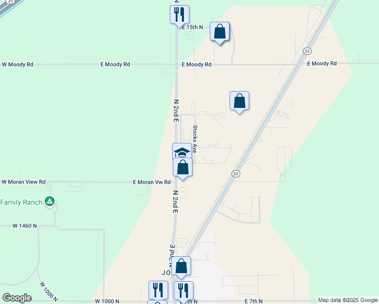 map of restaurants, bars, coffee shops, grocery stores, and more near 1133 Stocks Avenue in Rexburg