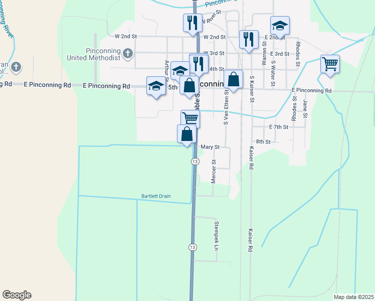 map of restaurants, bars, coffee shops, grocery stores, and more near 3851 North Huron Road in Pinconning