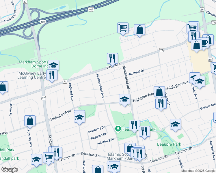 map of restaurants, bars, coffee shops, grocery stores, and more near 73 Summerlea Street in Markham