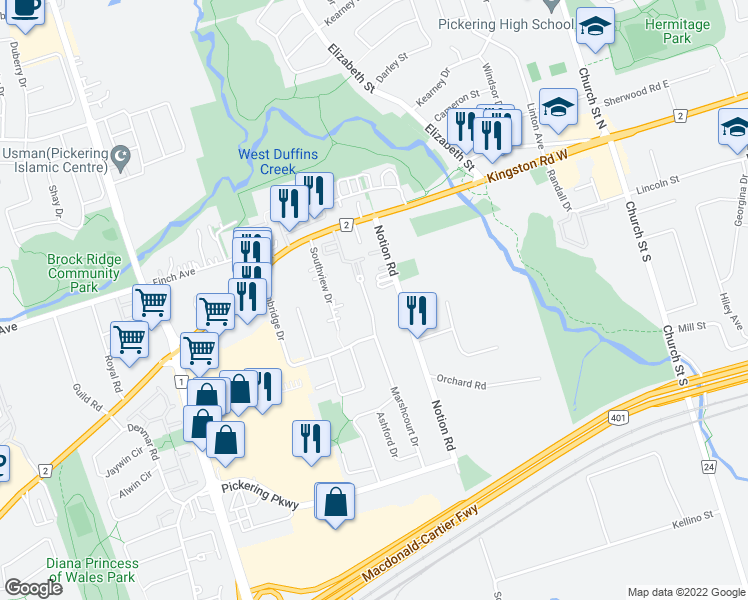 map of restaurants, bars, coffee shops, grocery stores, and more near 1629 Marshcourt Drive in Pickering