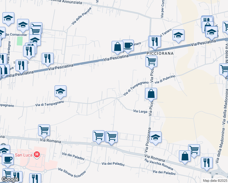 map of restaurants, bars, coffee shops, grocery stores, and more near 1531 Via di Tempagnano in Lucca