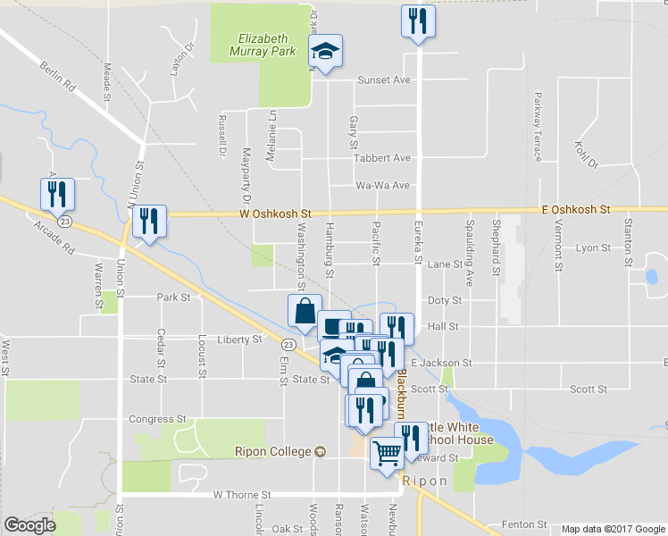 map of restaurants, bars, coffee shops, grocery stores, and more near 317 Hamburg Street in Ripon
